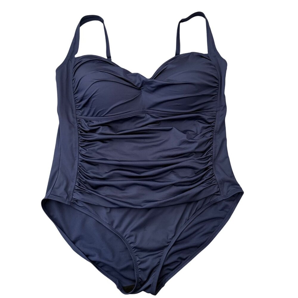 Sonnet Shores Blue Full Coverage Ruched Swimsuit 24W 3X Modest Bathing Suit